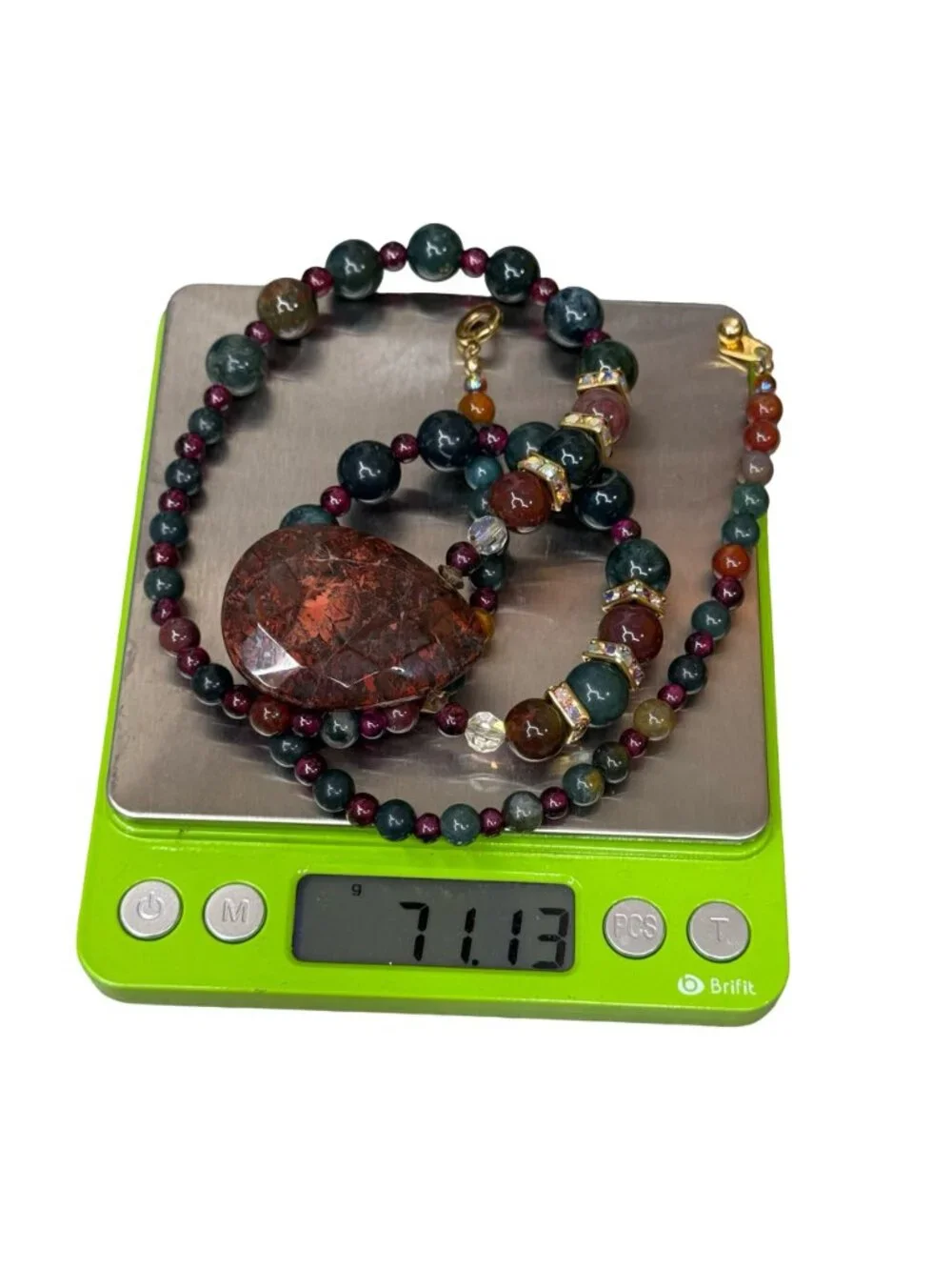 Vintage Jasper Adventurine Garnet Beaded Necklace Teardrop Pendant Statement 25" - Picture 8 of 10